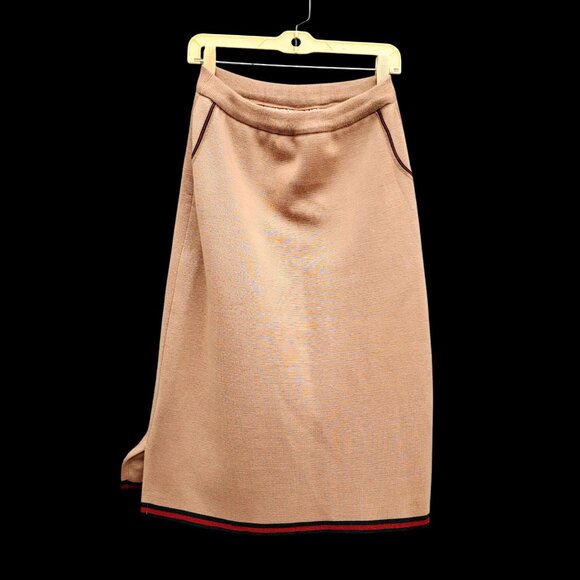 Vintage 60s 70s Wool Double-Knit Camel Skirt M Red Green Trim Pink Lining - Picture 1 of 11